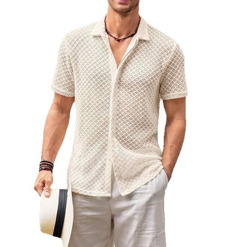 Loom & Soul™ Camisa de malla de manga corta de verano – Top de playa ligero con solapa para hombre