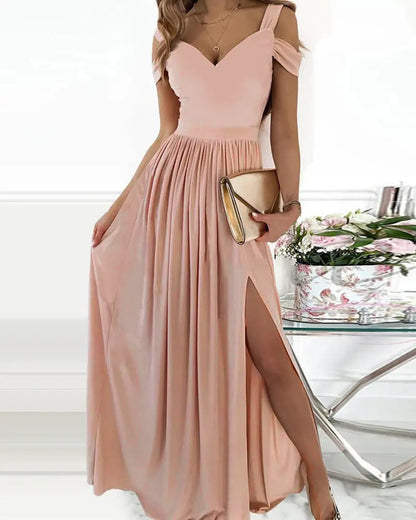 Robe longue bohème à col en V et bretelles spaghetti – Robe de plage fluide et fendue