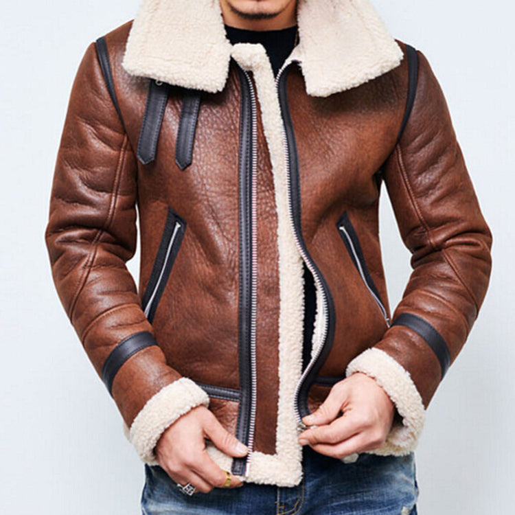 Chaqueta de invierno de piel sintética para hombre - Abrigo con cremallera de cuello alto forrado de piel
