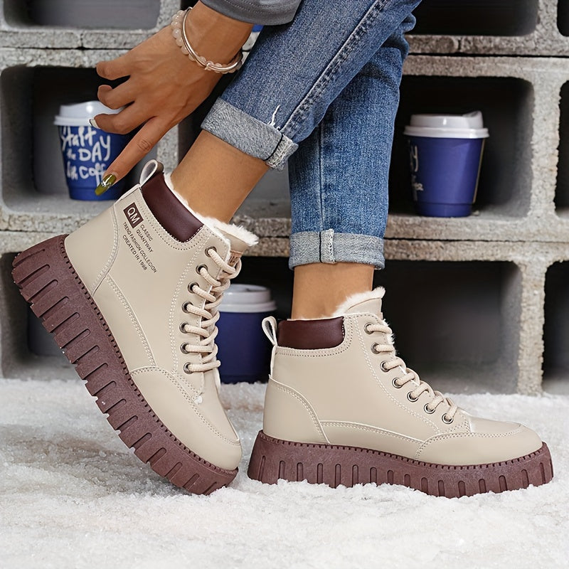 Women’s Fleece-Lined High-Top Ankle Boots – Thick Sole Casual Winter Shoes