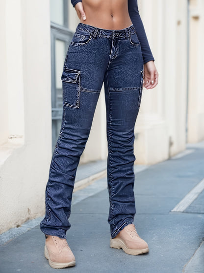 Women’s High Waist Cargo Jeans – Relaxed Blue Denim Straight-Leg Pants
