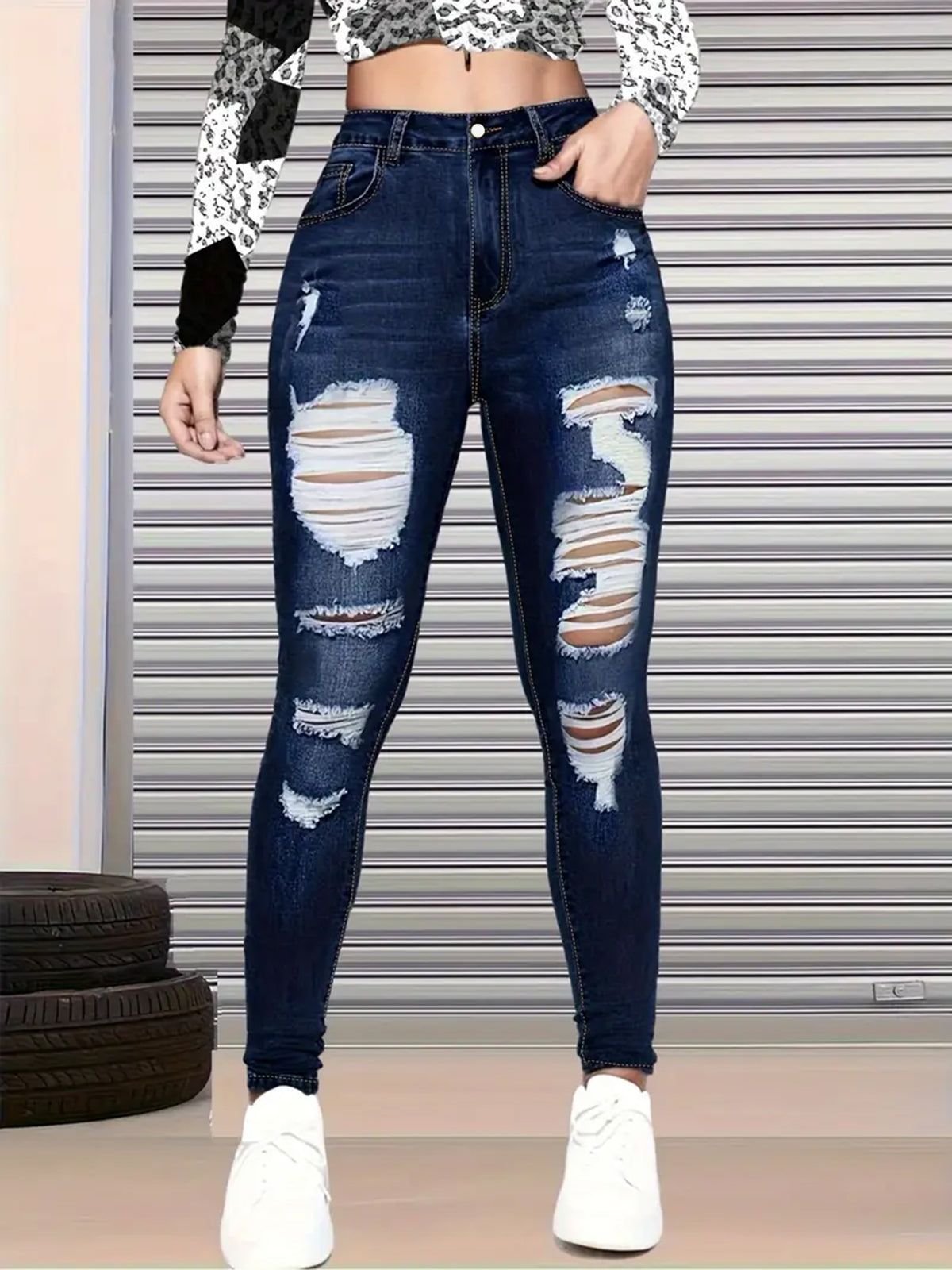 Women’s High-Waisted Ripped Jeans – Slim Fit 9/10 Length Denim
