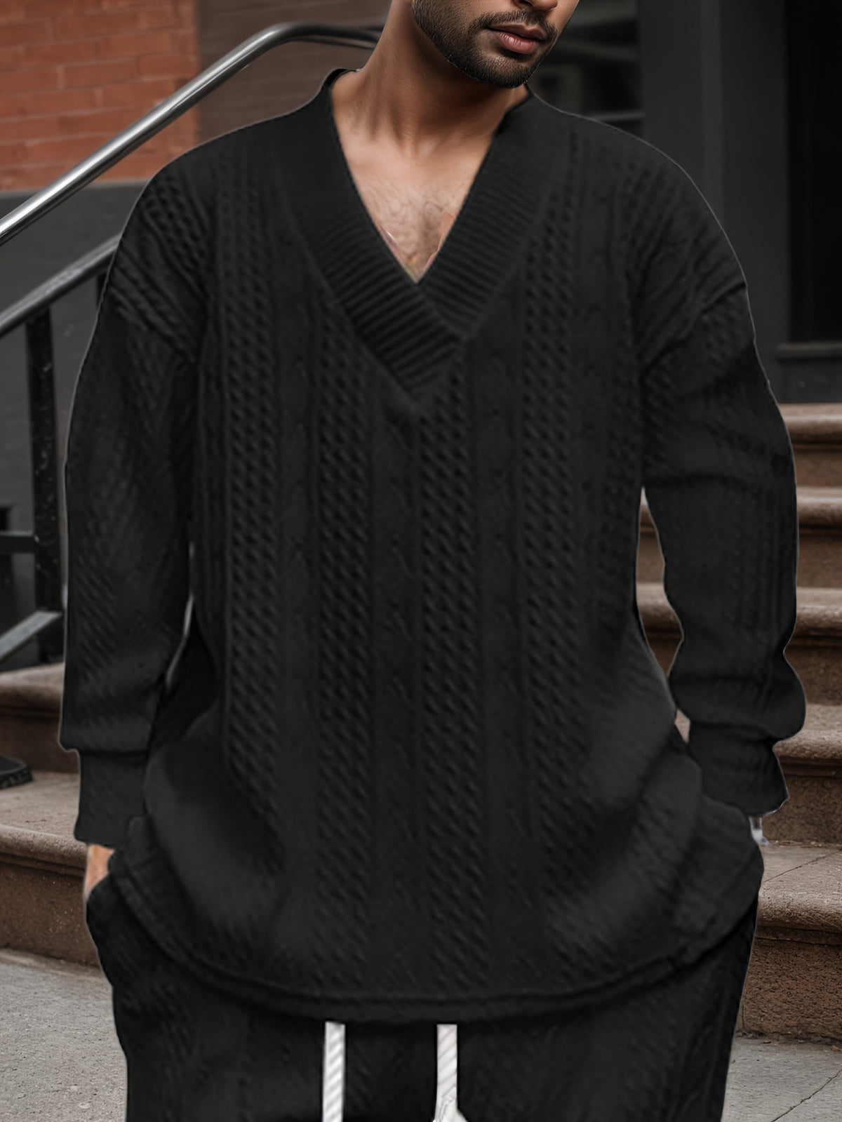 Men’s V-Neck Knit Sweater – Jacquard Rib Casual Pullover