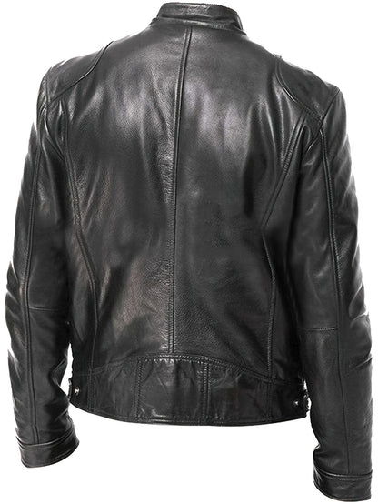 Veste de moto zippée pour homme – Col montant en cuir PU marron