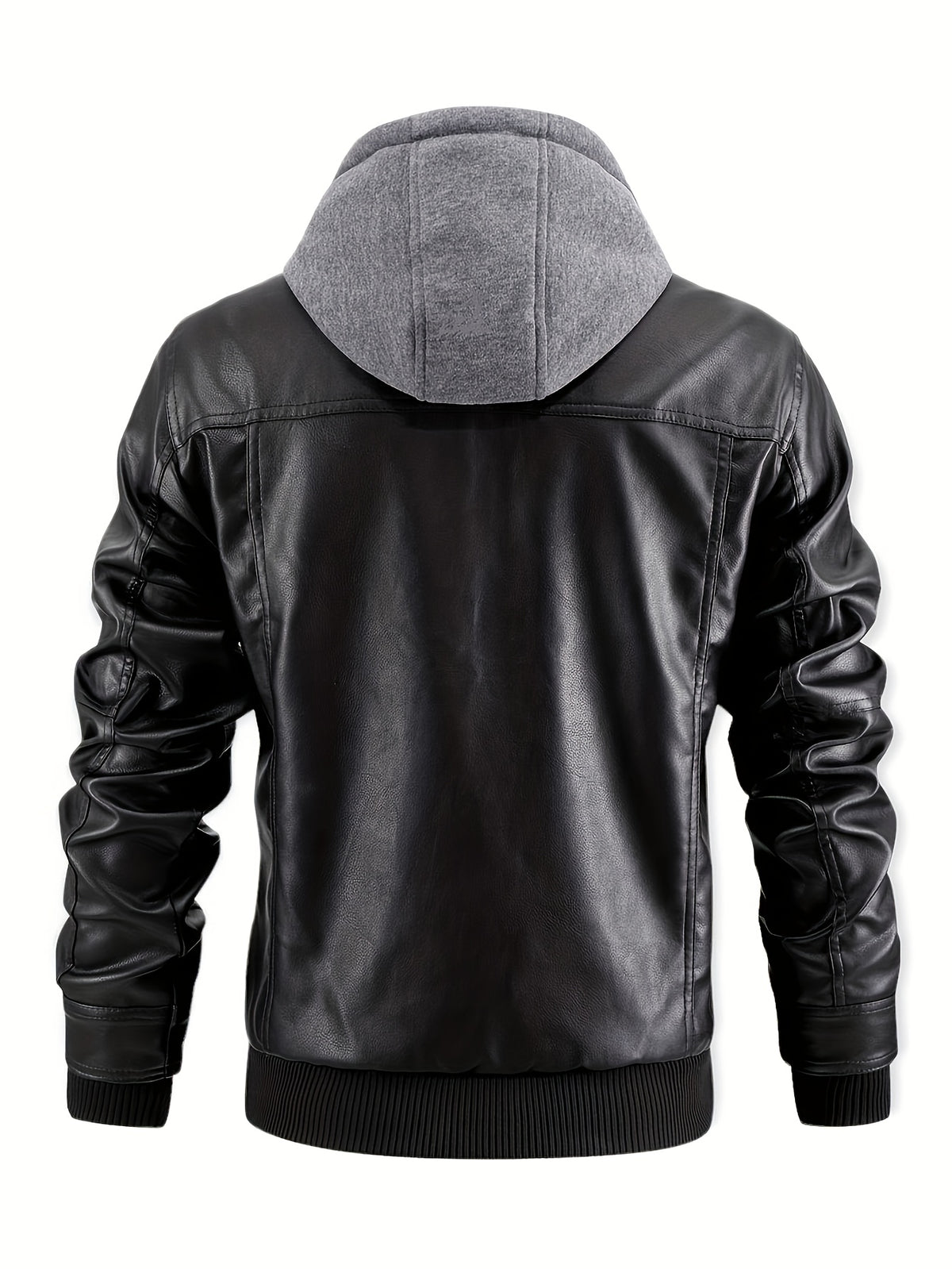 Men’s PU Leather Bomber Jacket – Zip-Up w/ Removable Hood