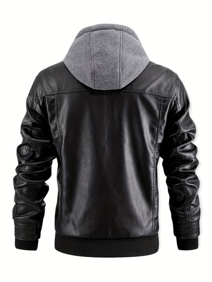 Men’s PU Leather Bomber Jacket – Zip-Up w/ Removable Hood