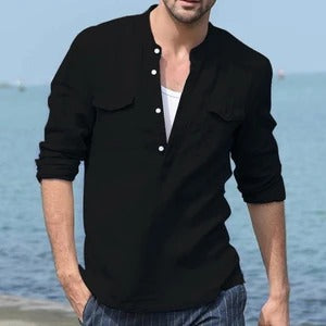 Men’s Cotton Linen Long Sleeve Shirt – Breathable Casual Button Top