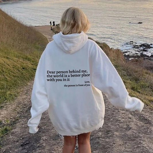 Sudadera con capucha Loom & Soul «Dear Person Behind Me» – Suéter afelpado estampado para mujer con bolsillo canguro y cordón ajustable en la capucha (unisex, varios colores)