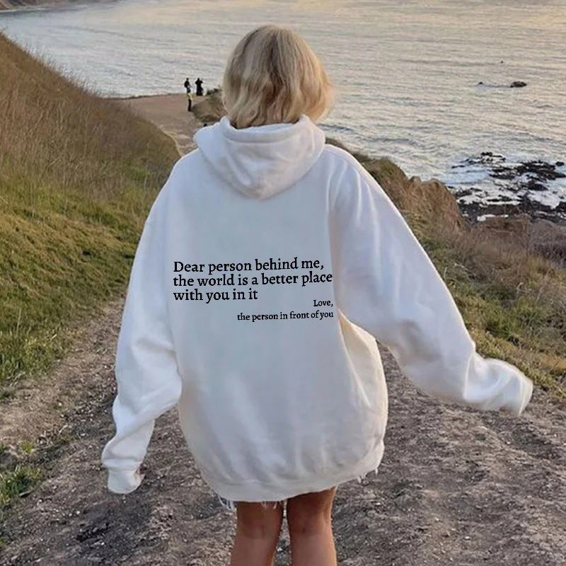 Loom & Soul – Sweat à capuche « Dear Person Behind Me » – Pull molletonné imprimé pour femme avec poche kangourou et cordon de serrage (Unisexe, plusieurs couleurs)