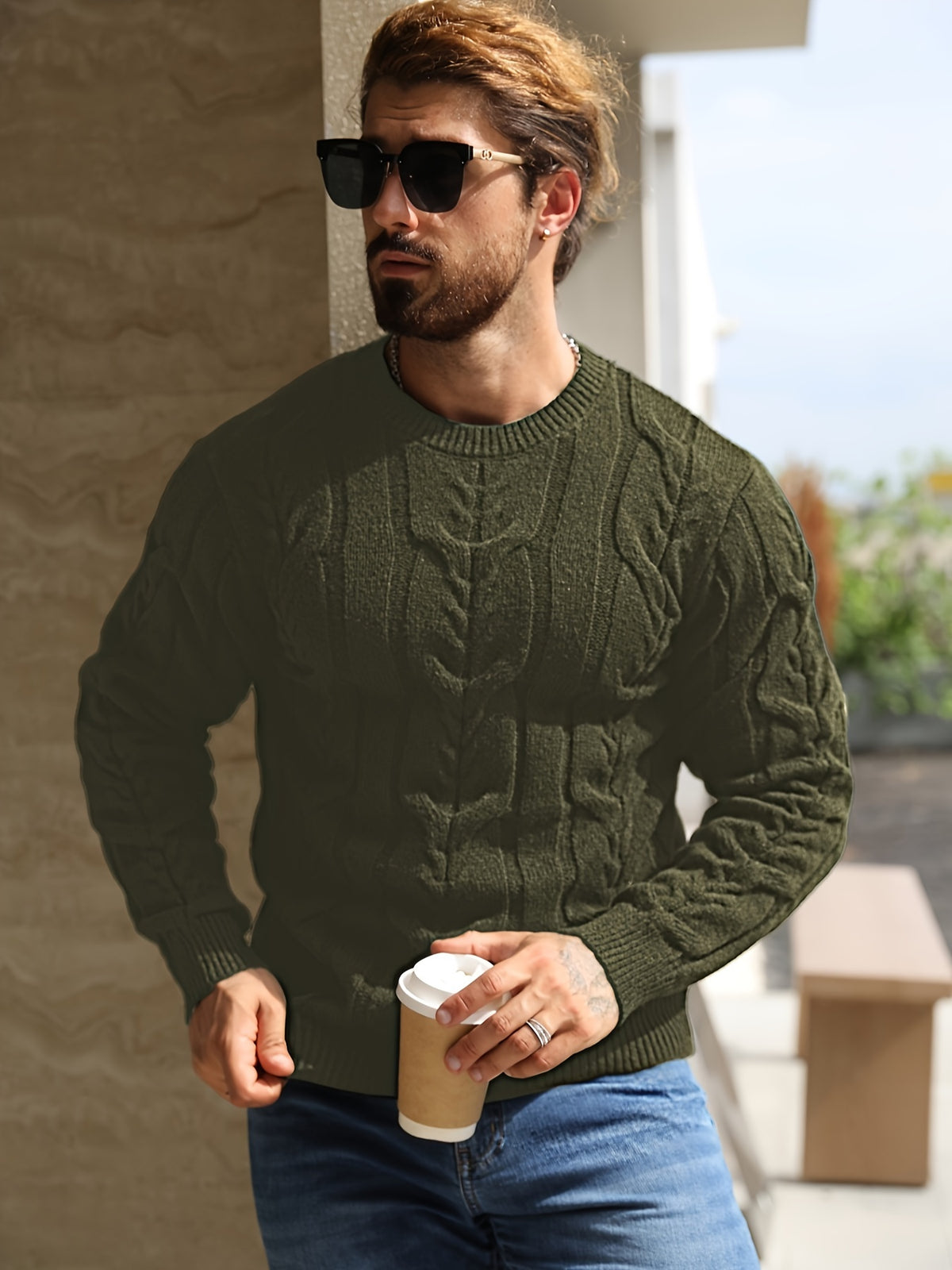 Suéter de punto a rayas para hombre – Suéter suave con cuello redondo y ribete acanalado
