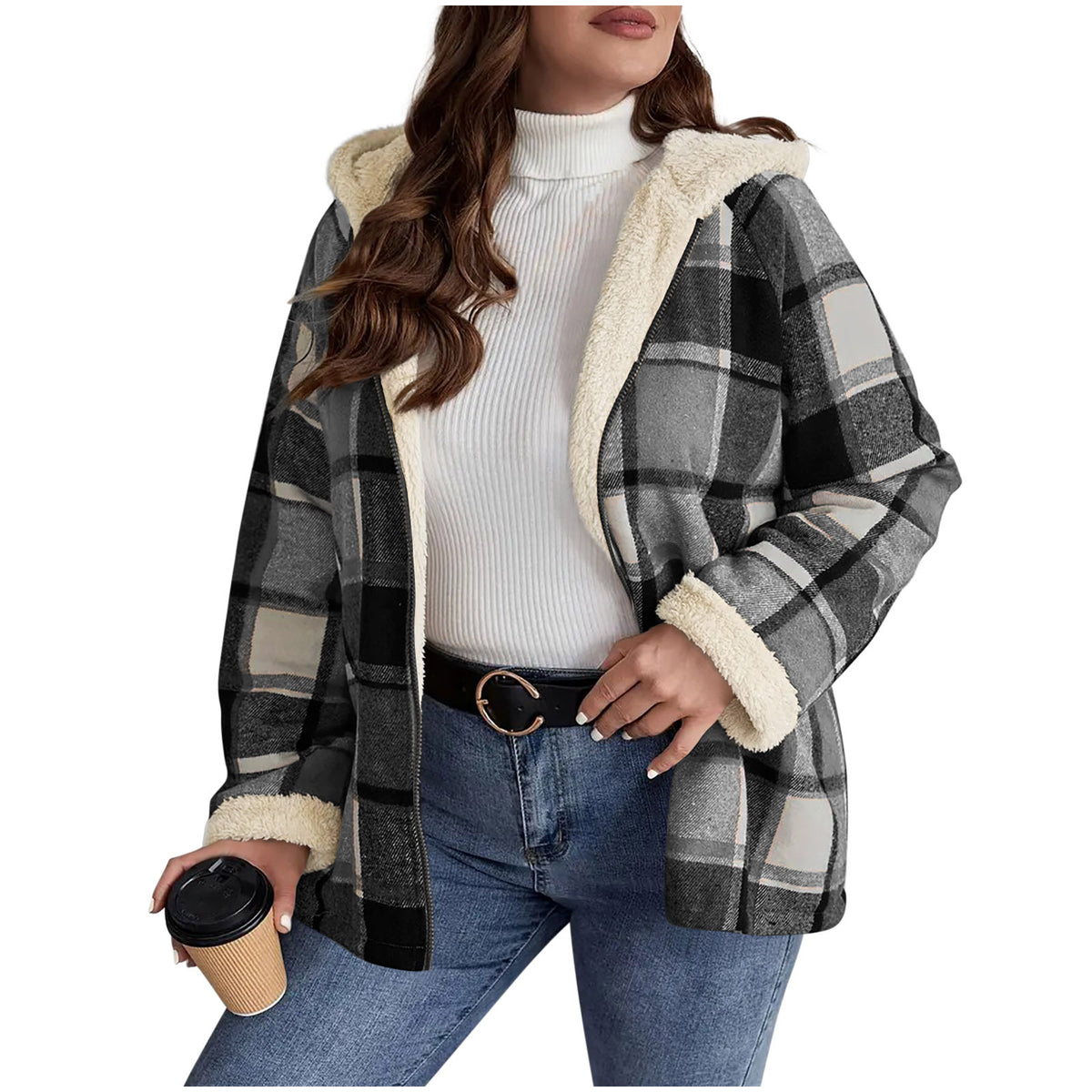 Manteau à carreaux doublé polaire et à capuche pour femme – Chaleur rétro ajustée