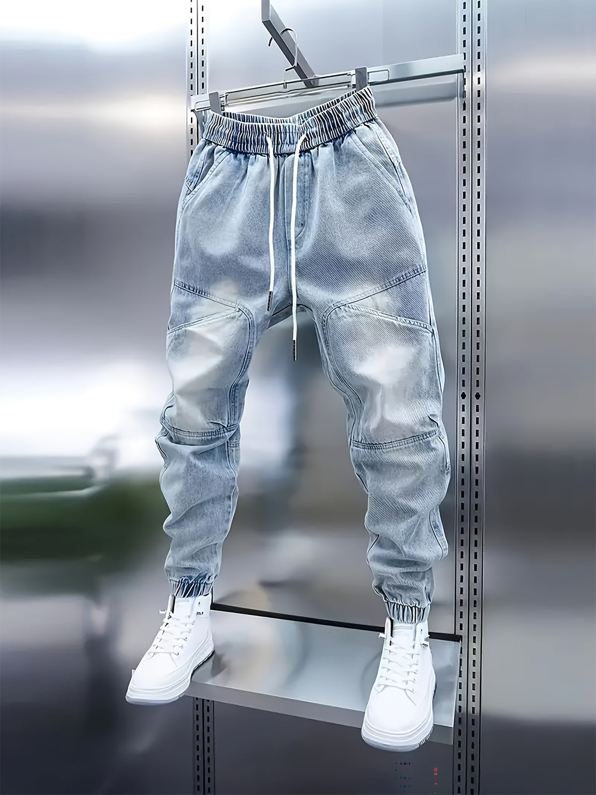 Pantalon de jogging en jean pour homme avec cordon de serrage – Jean patchwork coupe slim
