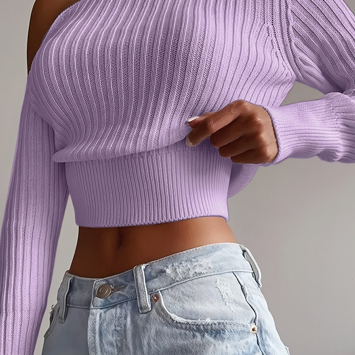 Pull côtelé à épaules dénudées – Haut court en maille à manches longues pour femme