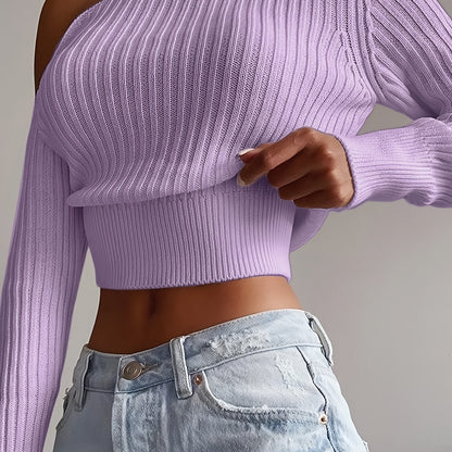 Pull côtelé à épaules dénudées – Haut court en maille à manches longues pour femme