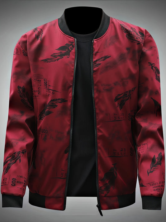 Men’s Feather Print Track Jacket – Zip-Up Baseball Collar Street Coat