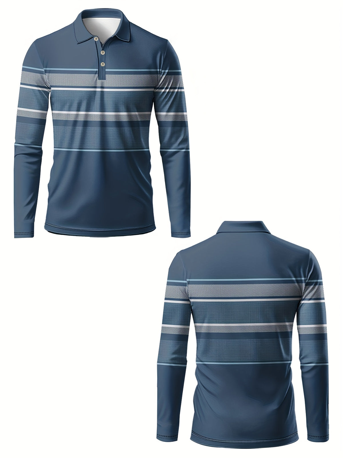 Men’s Blue & White Striped Polo Shirt – Long Sleeve Casual Preppy Polo