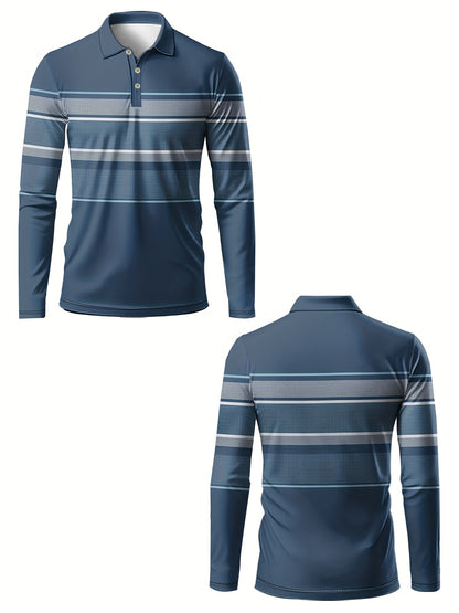 Men’s Blue & White Striped Polo Shirt – Long Sleeve Casual Preppy Polo