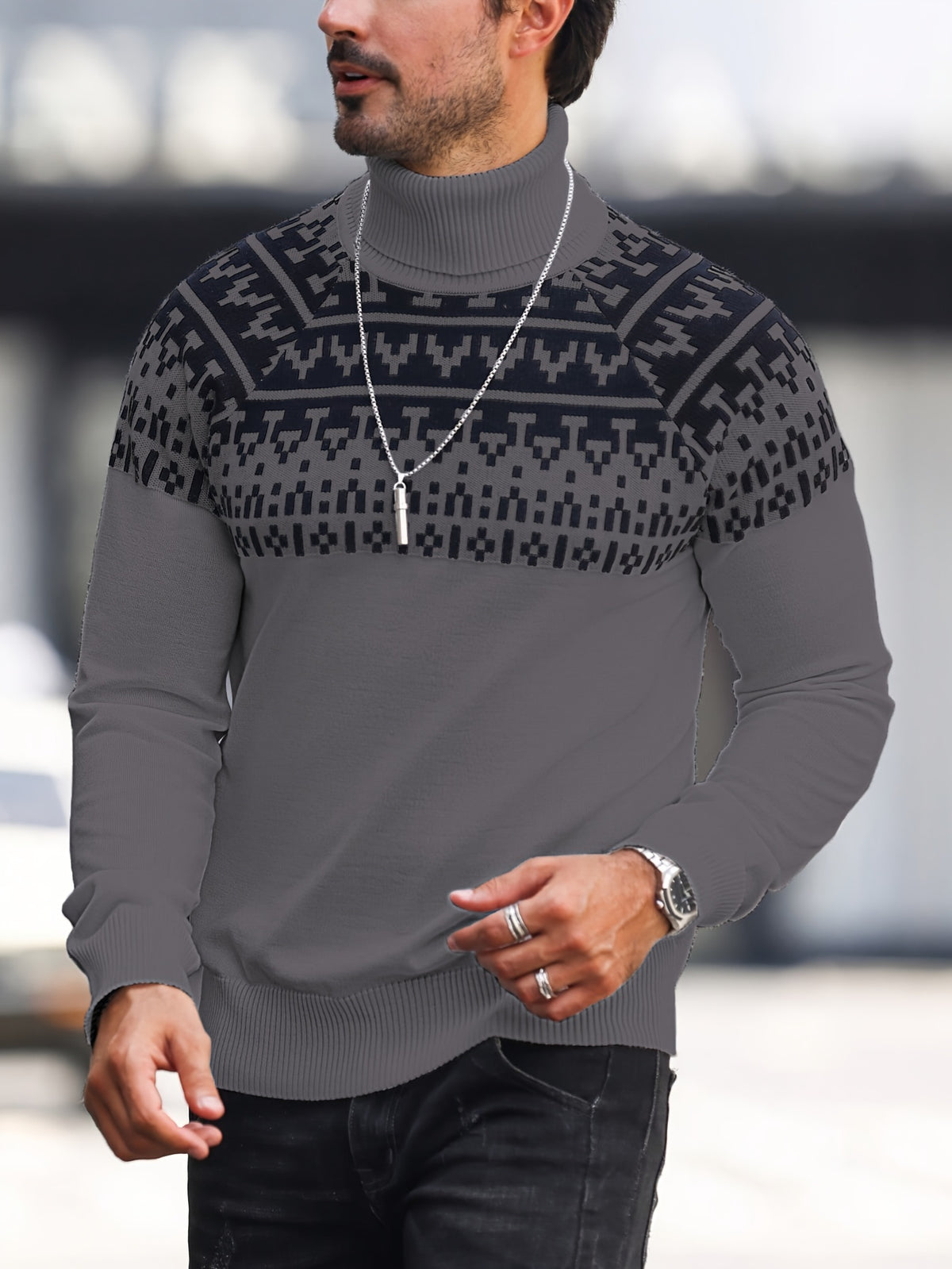 Men’s Geometric Turtleneck Sweater – Casual Knit Pullover for Fall & Winter