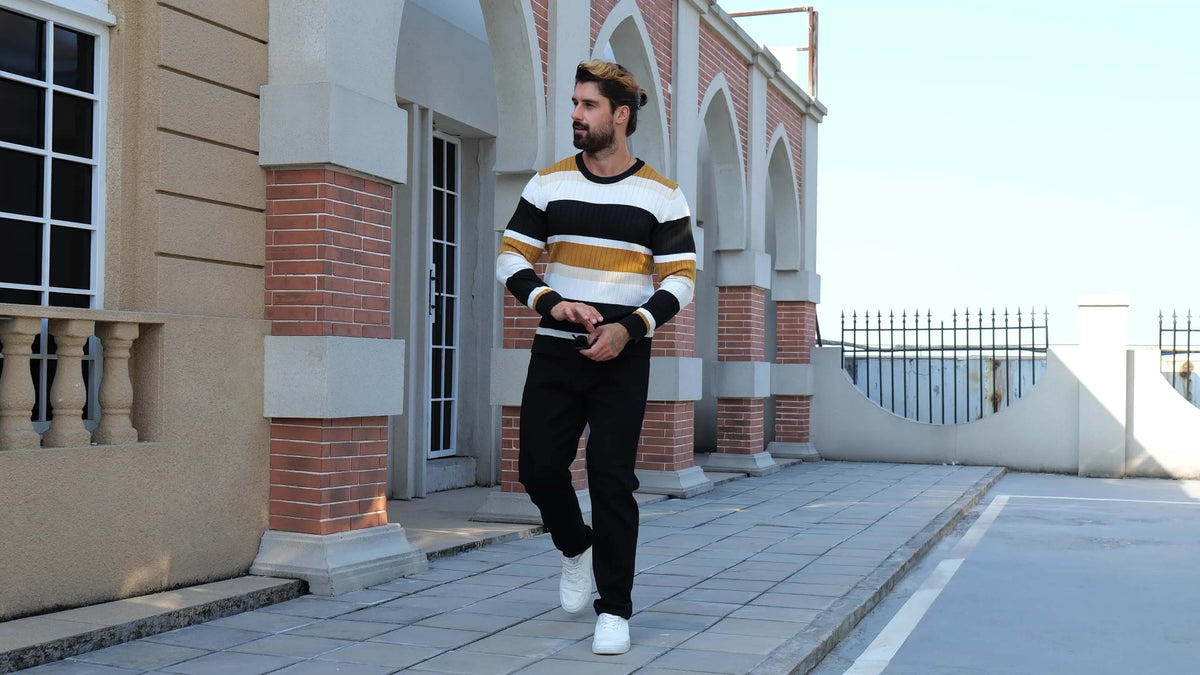 Men’s Striped Ribbed Knit Sweater – Color-Block Fall Winter Pullover