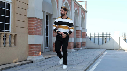 Men’s Striped Ribbed Knit Sweater – Color-Block Fall Winter Pullover