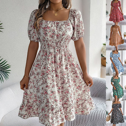 Loom & Soul™ Floral Ruffle Dress – Square Neck Summer Short Sleeve Dress for Women