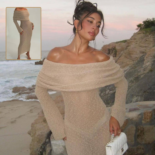 Vestido largo de punto con un solo hombro - Elegante vestido playero de manga larga