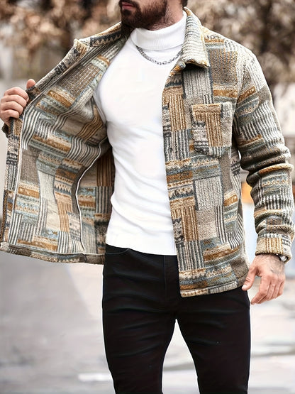 Men’s Retro Geometric Fleece Jacket – Vintage Button-Up Shirt Jacket
