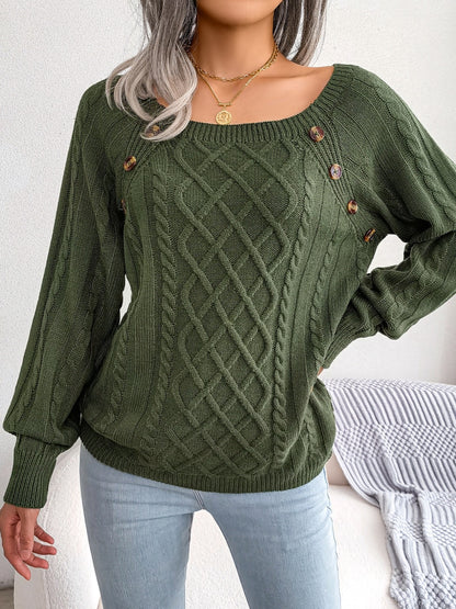 Pull texturé à manches lanternes pour femme – Haut en maille à boutons