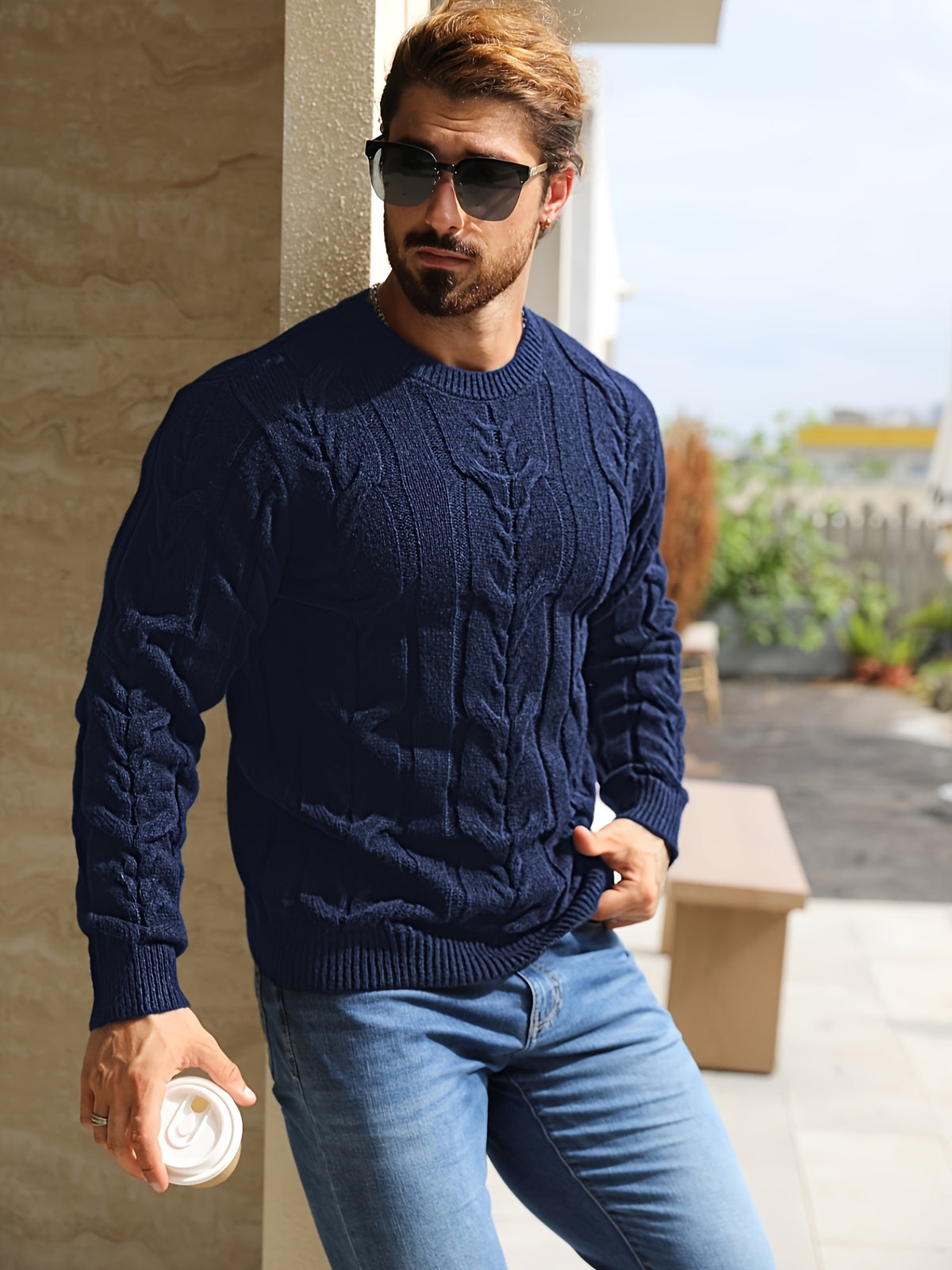 Suéter de punto a rayas para hombre – Suéter suave con cuello redondo y ribete acanalado