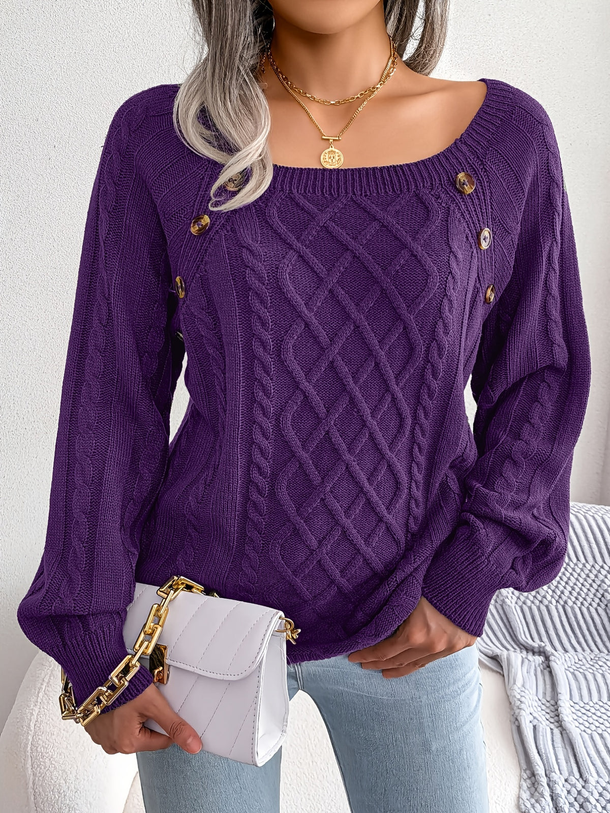Pull texturé à manches lanternes pour femme – Haut en maille à boutons