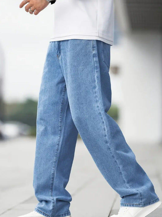 Men’s Loose Straight Denim Jeans – Casual Cotton Mid Waist Pants