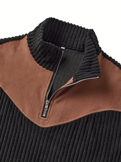 Pull Homme Demi-Zip Col Droit – Sweat Rétro Chaud et Côtelé