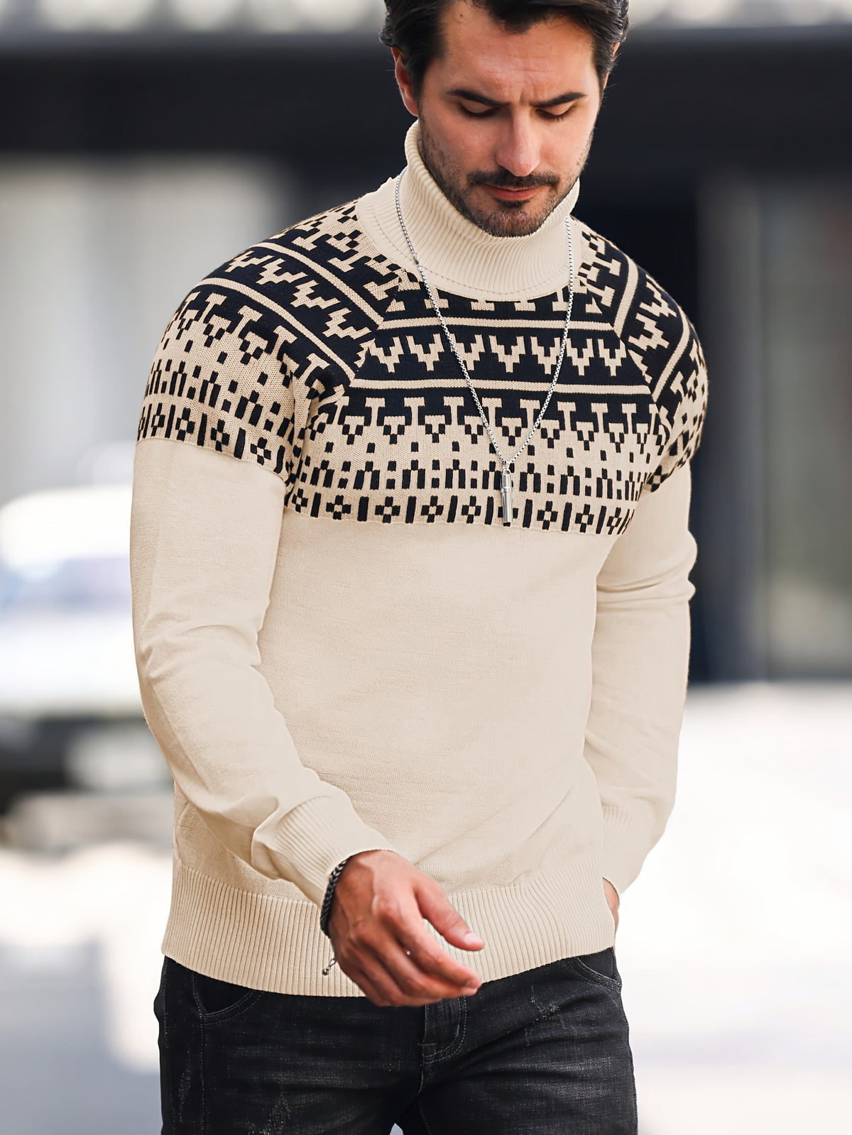 Men’s Geometric Turtleneck Sweater – Casual Knit Pullover for Fall & Winter