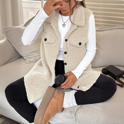 Women’s Wool-Like Sleeveless Vest – Lapel Button Mid-Length Waistcoat