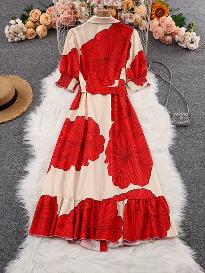 Robe longue chemise fleurie à nouer à la taille – Robe élégante à manches longues et coupe trapèze