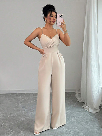 Combinaison salopette minimaliste à col en V – Élégante pantalon palazzo à jambes larges