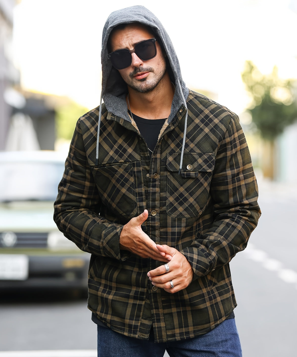 Veste à capuche en flanelle écossaise pour homme – Manteau en tartan à boutonnage asymétrique