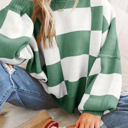 Checkered Knit Sweater – Cozy Fall/Winter Crewneck Plaid Pullover