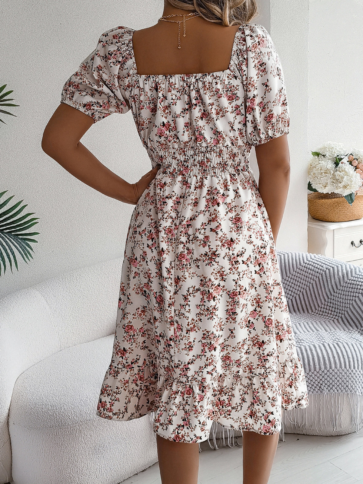Loom & Soul™ Floral Ruffle Dress – Square Neck Summer Short Sleeve Dress for Women