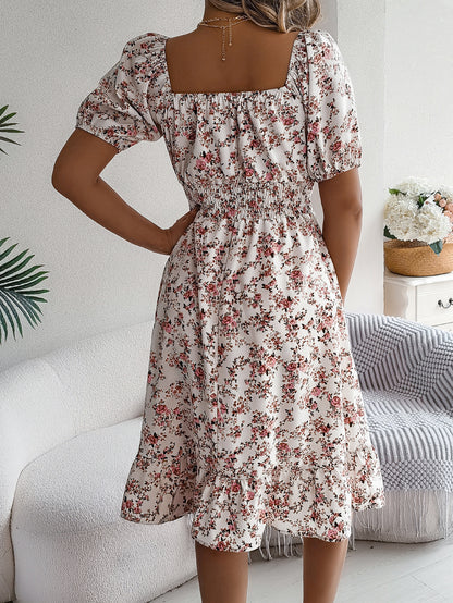 Loom & Soul™ Floral Ruffle Dress – Square Neck Summer Short Sleeve Dress for Women