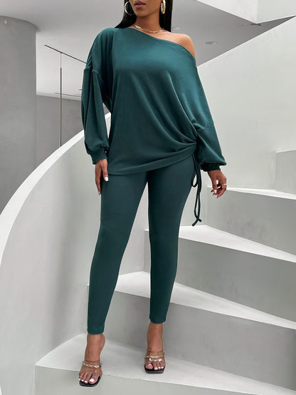 Ensemble 2 pièces pour femme - Haut asymétrique à manches lanterne et leggings moulants