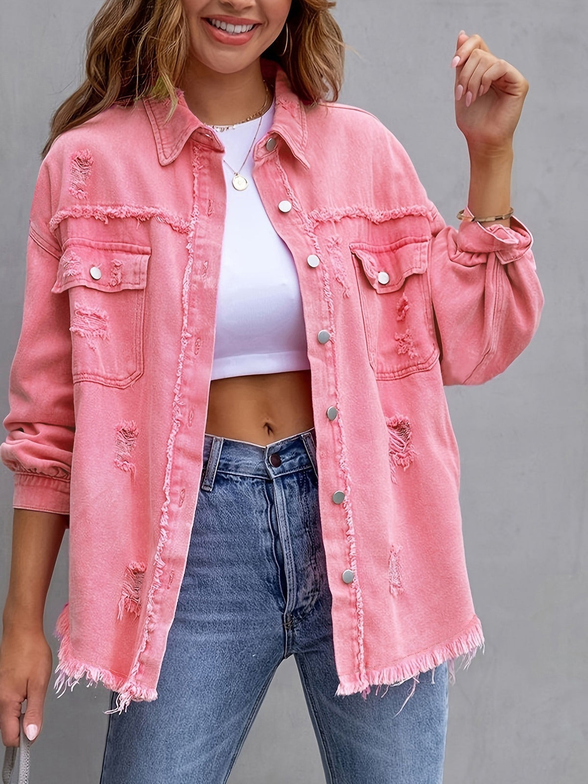 Veste chemise déchirée Loom & Soul pour femme – Haut décontracté ample boutonné pour le printemps et l'automne
