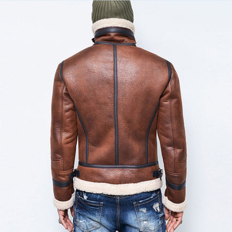Chaqueta de invierno de piel sintética para hombre - Abrigo con cremallera de cuello alto forrado de piel