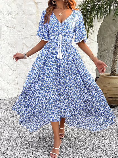 Vestido midi floral con borlas y cuello en V – Vestido midi acampanado con estampado elegante
