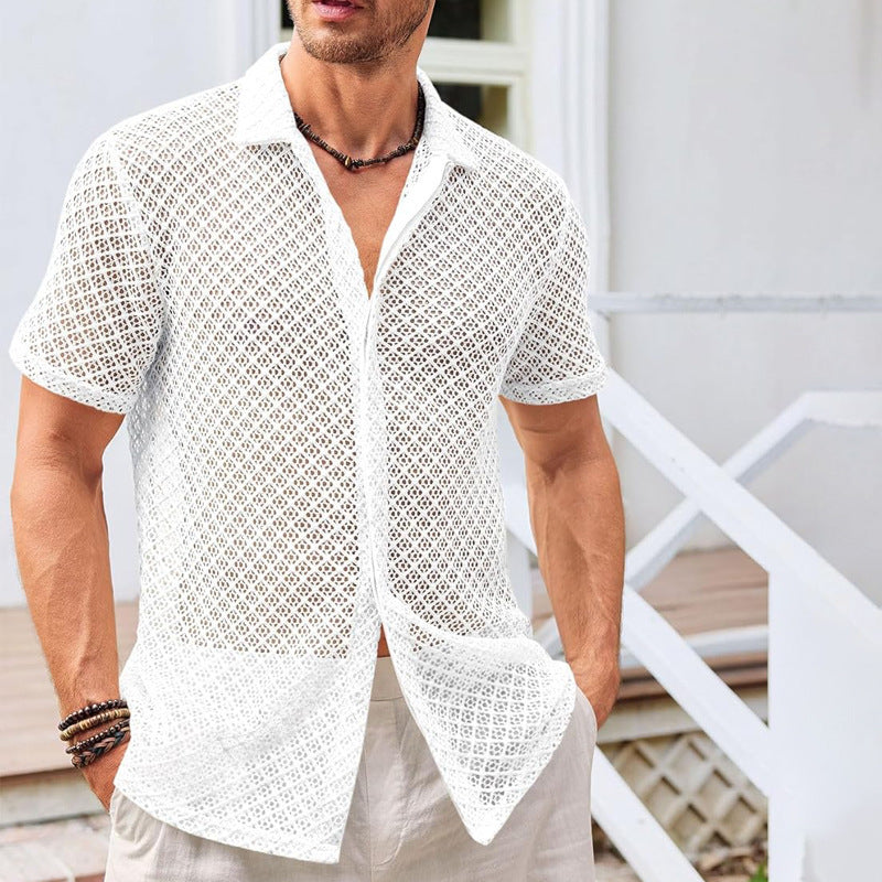 Loom & Soul™ Camisa de malla de manga corta de verano – Top de playa ligero con solapa para hombre
