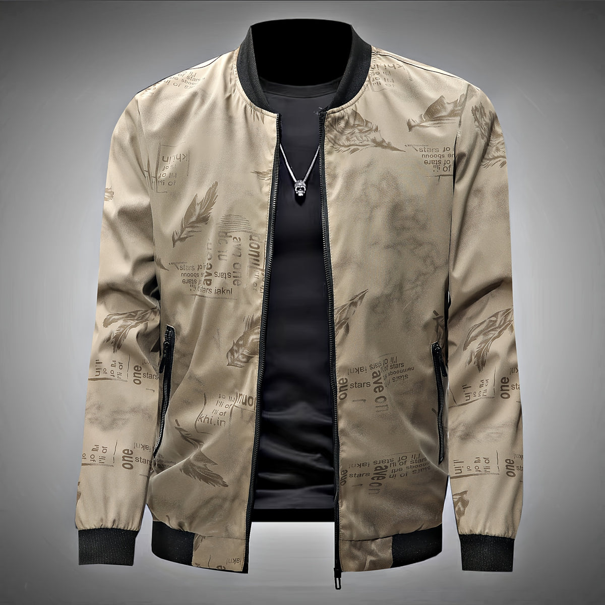 Men’s Feather Print Track Jacket – Zip-Up Baseball Collar Street Coat