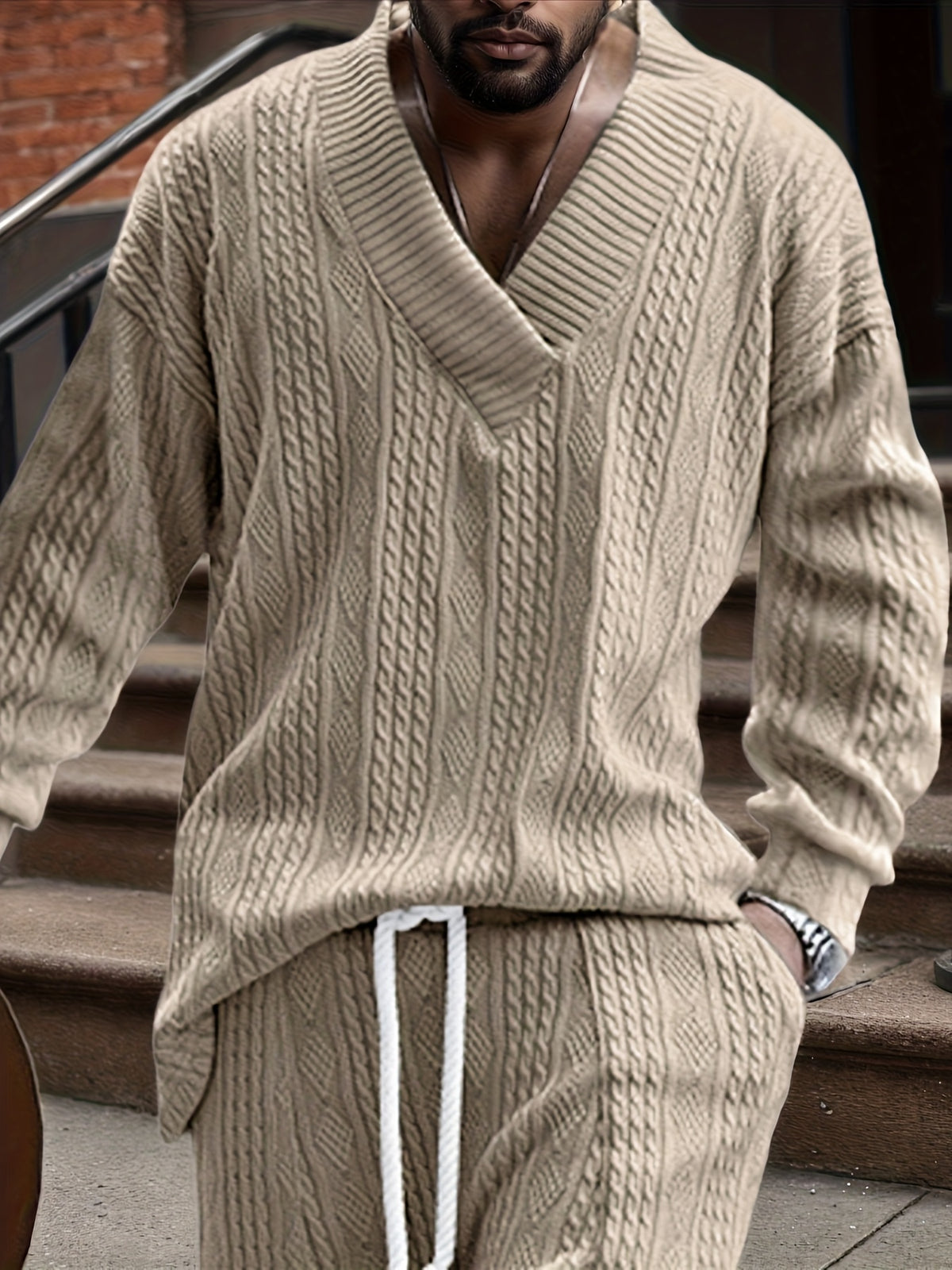 Men’s V-Neck Knit Sweater – Jacquard Rib Casual Pullover