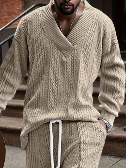 Men’s V-Neck Knit Sweater – Jacquard Rib Casual Pullover