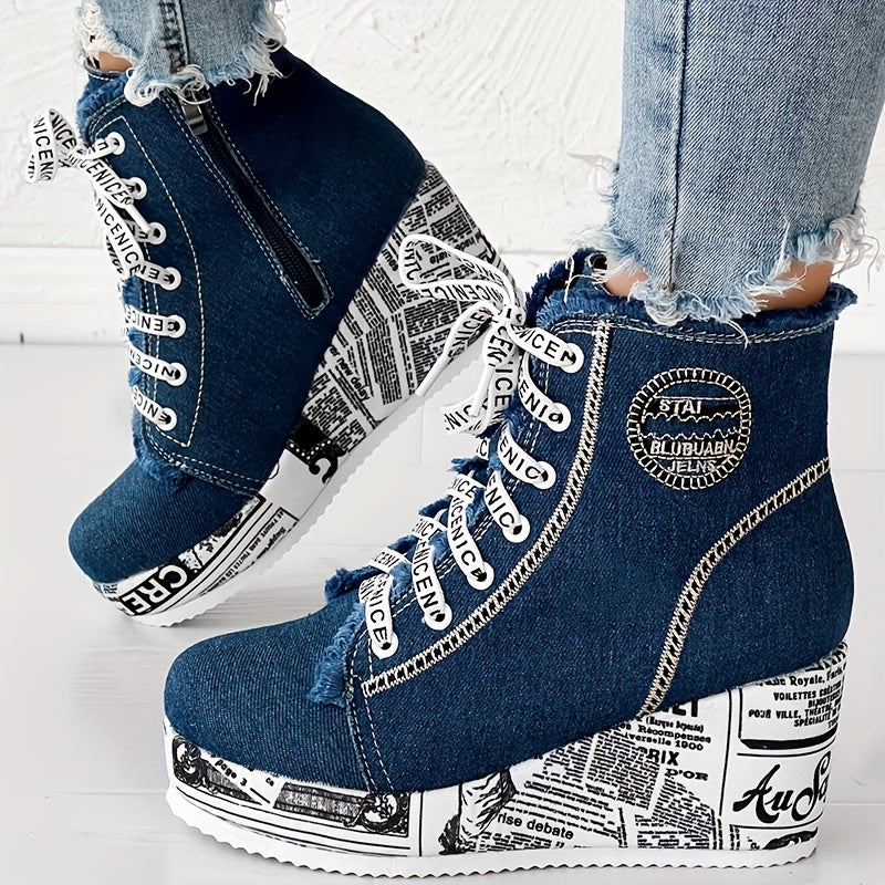 Bottines à talons épais scintillantes pour femmes – Bottines à lacets avec cœur en dentelle