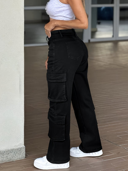 Jean cargo taille haute pour femme – Pantalon en jean multipoches style workwear